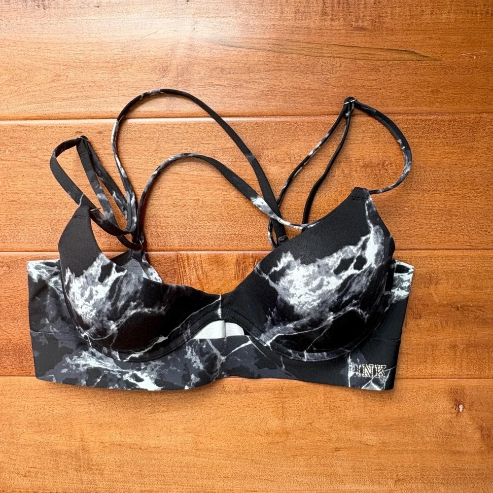 Victoria's Secret PINK Bonded Push-Up Bra Marble Print Women Medium Black White